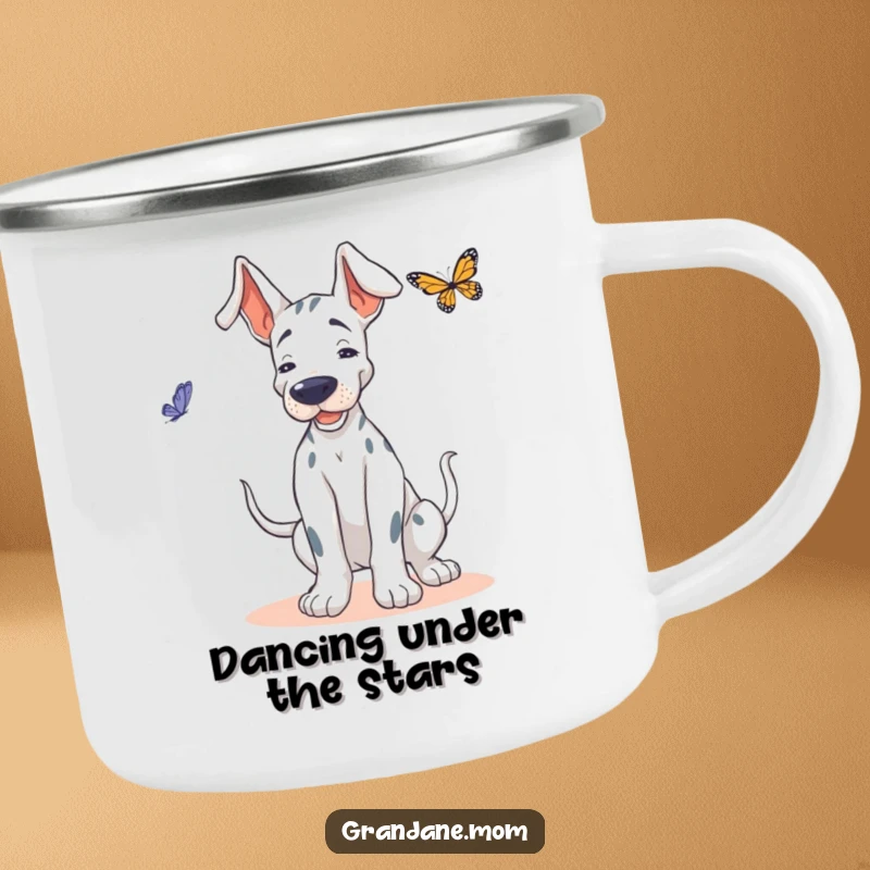 Funny Grand Dane camping mug, enamel, showing a dog doing a playful wiggle, attempting to dance with a butterfly.