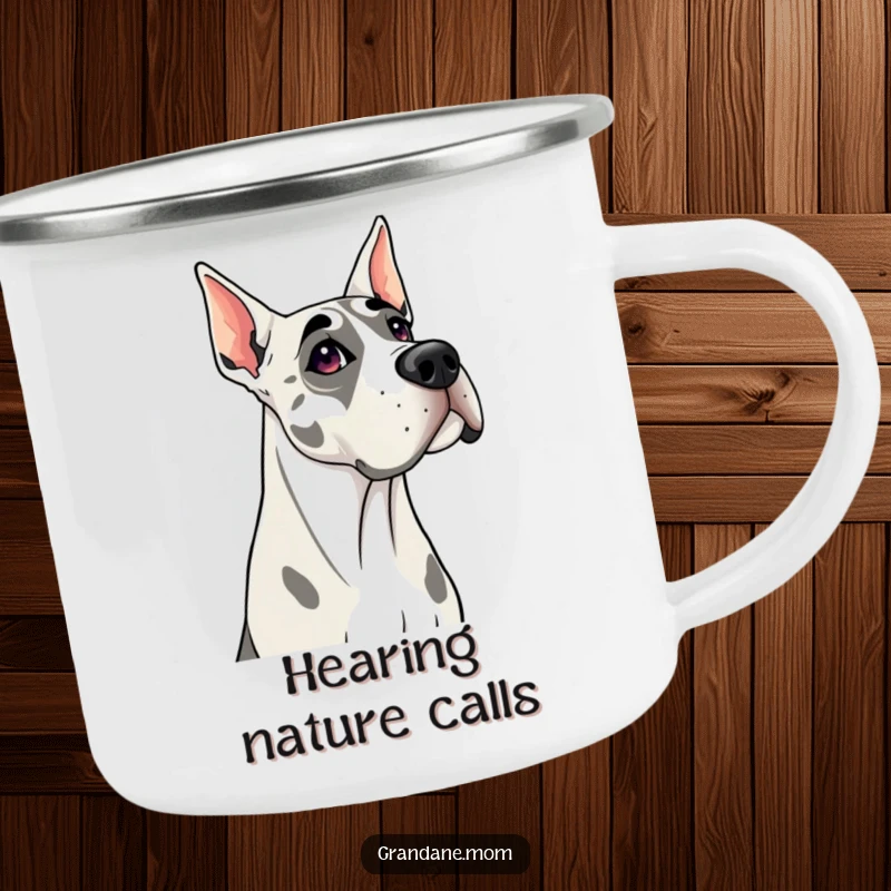 Funny Grand Dane camping mug with a curious dog tilting its head, perfect for outdoor enthusiasts and lovers of attentive pups.