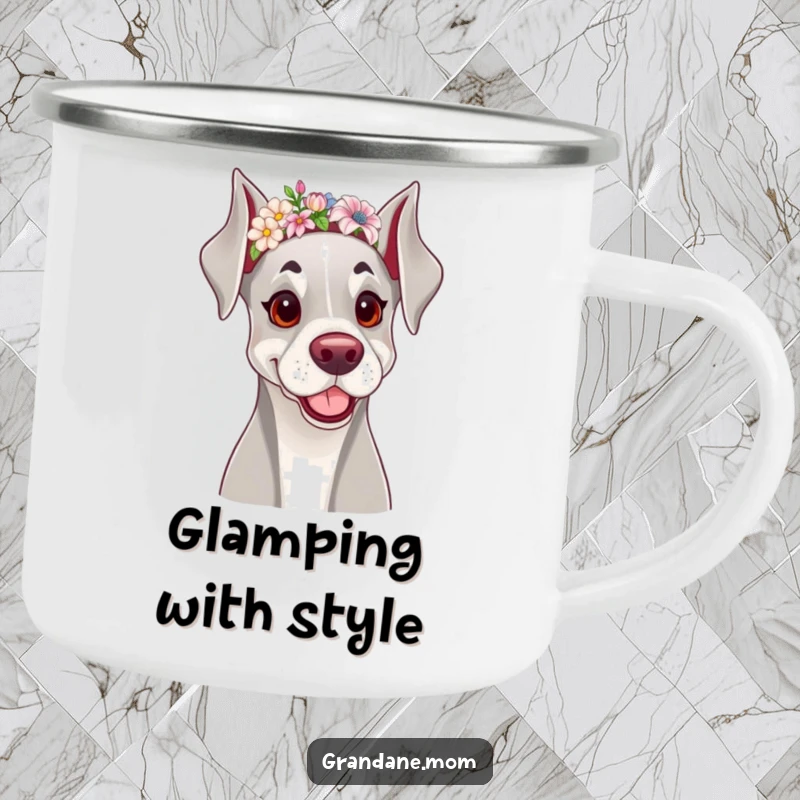 Funny camping mug showcasing a cheerful Grand Dane dog wearing a dainty floral headband, ideal for outdoor enjoyment.