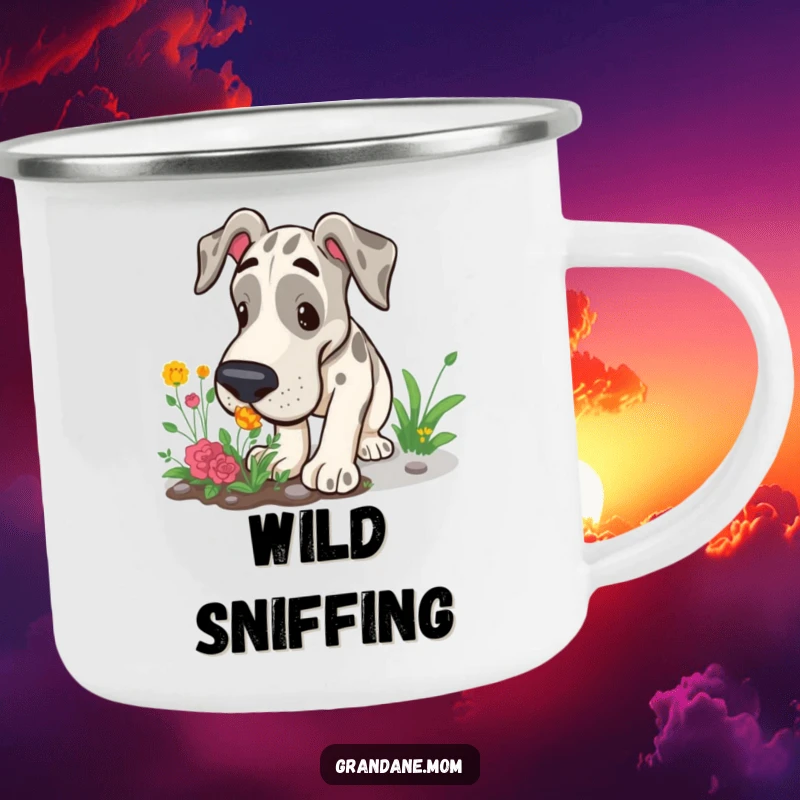 Funny Grand Dane camping mug featuring a large dog curiously sniffing a garden patch, ready for outdoor exploration.