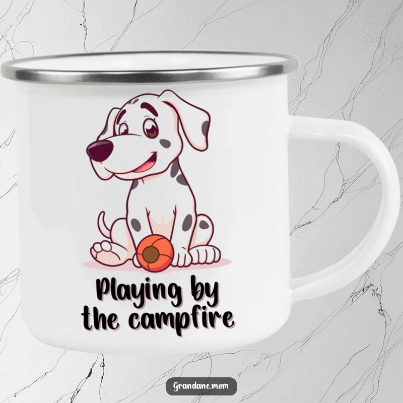 Funny Grand Dane camping mug featuring a dog in a playful bounce, happily engaging with a toy.