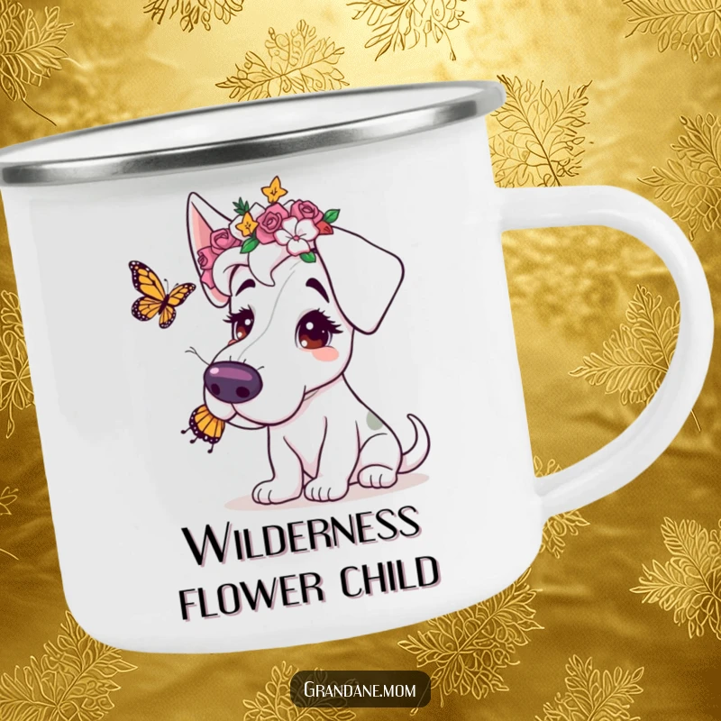 Funny camping mug with a Grand Dane in a flower crown, playing with a butterfly, perfect for serene outdoor moments.
