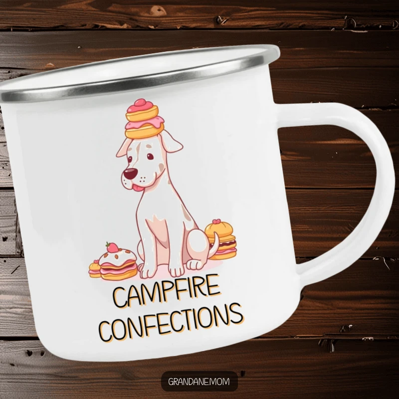 Funny Grand Dane camping mug depicting a graceful dog balancing a stack of delicate pastries on its head.