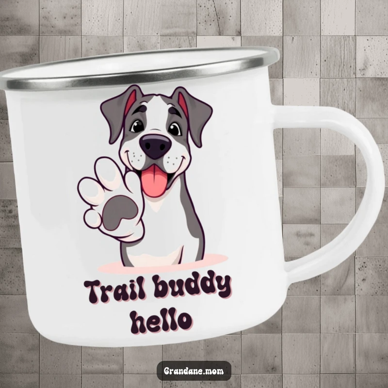 Funny Grand Dane camping mug, a smiling dog extending a large paw for a friendly hello, perfect for outdoor cheers.
