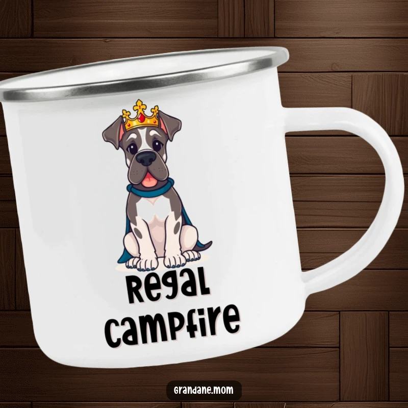 Funny Great Dane dog wearing a crown sits proudly, a humorous camping mug for royal adventurers.