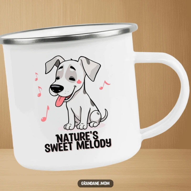 Funny Great Dane musician camping mug showing a large dog humming a tune with a musical note in an outdoor setting.