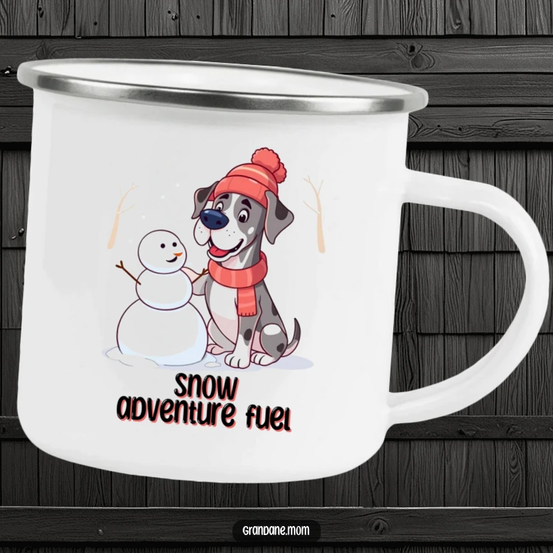 Funny Great Dane Camping Mug: A mug showing a dog in a hat building a snowman, for humorous winter outings.