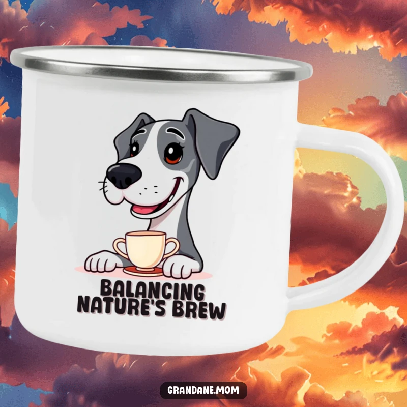 Funny Camping Mug shows a Great Dane balancing a teacup on its nose, ideal for outdoor enthusiasts who love dogs.