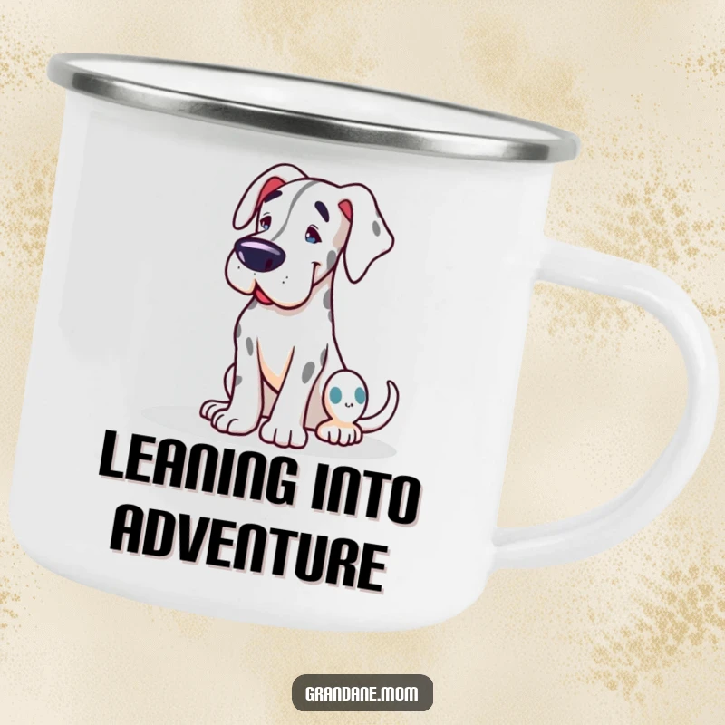 Funny Grand Dane camping mug with a friendly dog leaning affectionately, designed for outdoor adventures and dog lovers.