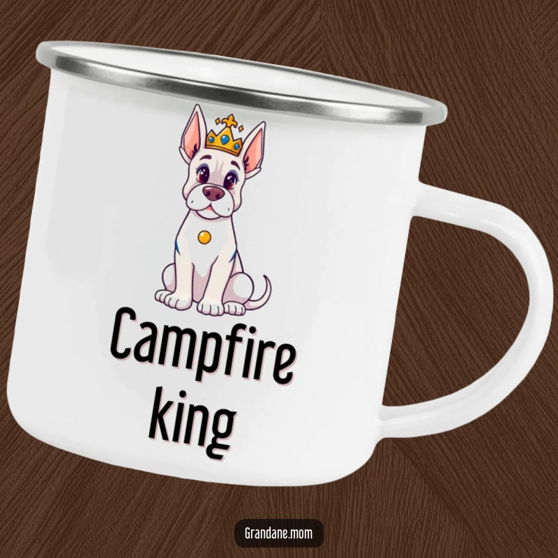 Funny Grand Dane Camping Mug: A crowned Grand Dane ready for adventure, making this mug a humorous and majestic companion for outdoor sips.