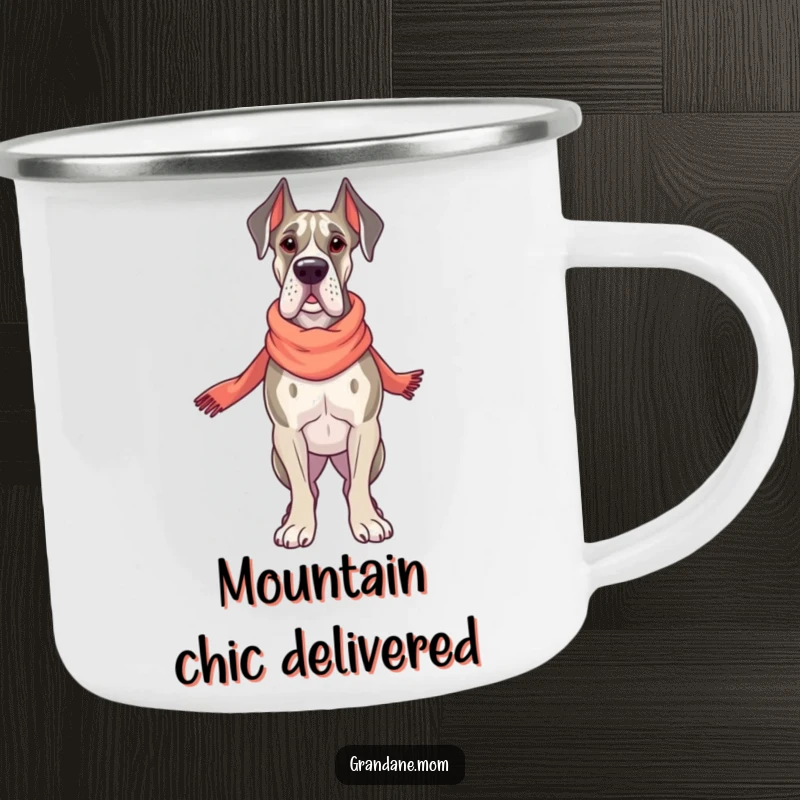 Funny Grand Dane Trail Style Mug, a proud dog with an elegant scarf, ready for adventure, a durable and humorous camping gift.