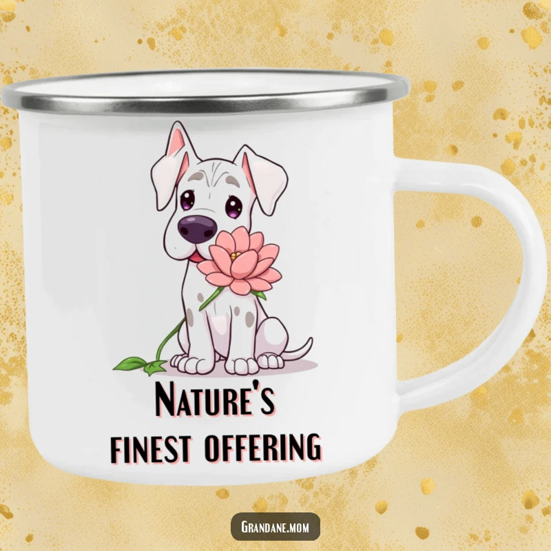 Funny Grand Dane camping mug, enamel, showing a gentle dog offering a large flower with a kind expression.