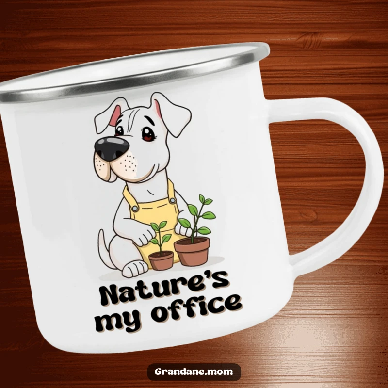 Funny Grand Dane wearing a gardening apron, gently nurturing a tiny sprout, on a rustic enamel camping mug.