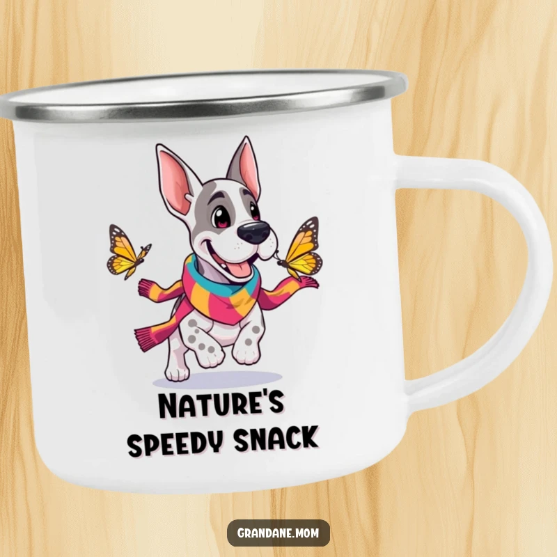 Funny Grand Dane camping mug, cheerful dog in scarf chasing a butterfly, perfect for outdoor adventures and hot drinks.