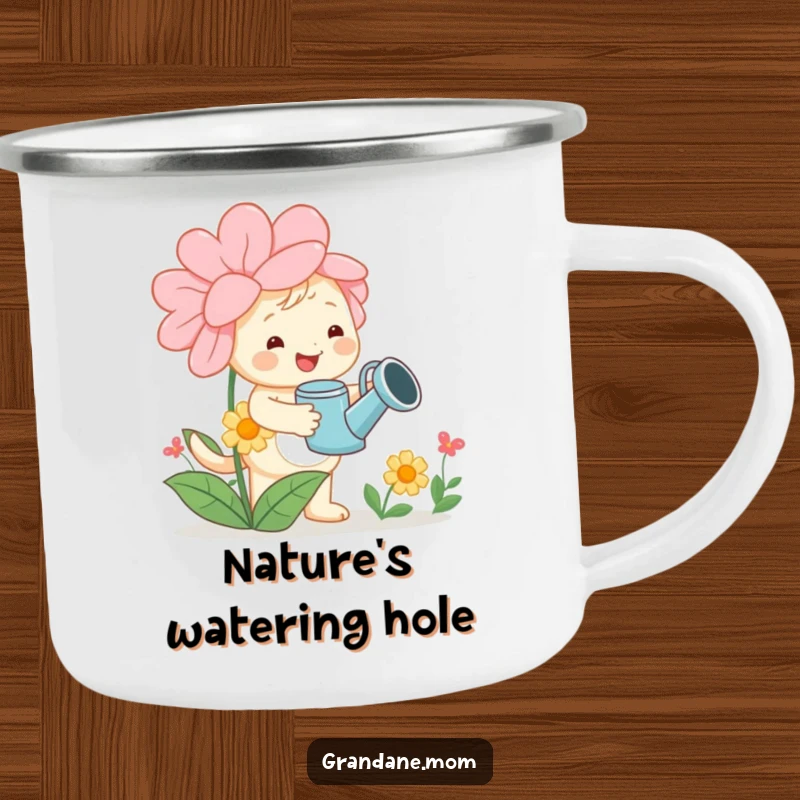 Funny daniff camping mug, a cheerful dog with a watering can tending a large flower, ideal for outdoor use with a touch of nature.