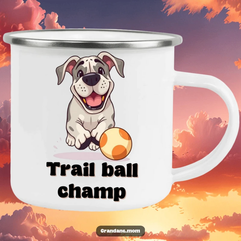 Funny Grand Dane Camping Mug: A grinning Grand Dane chases a bouncing ball, making this mug a humorous and energetic outdoor companion.