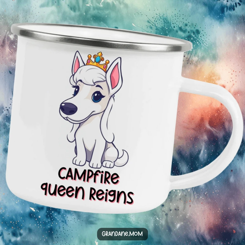 Funny Grand Dane tiara camping mug with a large dog wearing a miniature crown, looking regal, ideal for outdoor beverage enjoyment.