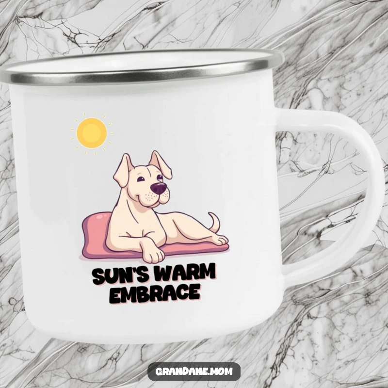 Funny Grand Dane camping mug with a content dog stretching in the sun, perfect for outdoor relaxation and dog lovers.