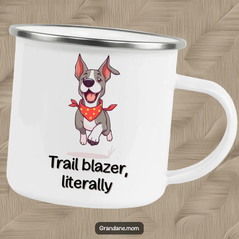 Funny Grand Dane camping mug with a dog in a bandana running energetically, ready for any outdoor adventure.