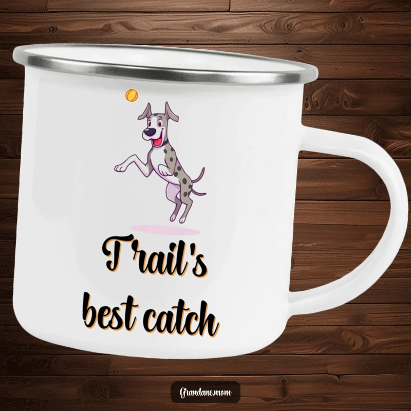 Funny Great Dane camping mug with a dog joyfully leaping for a toy, durable for outdoor activities.