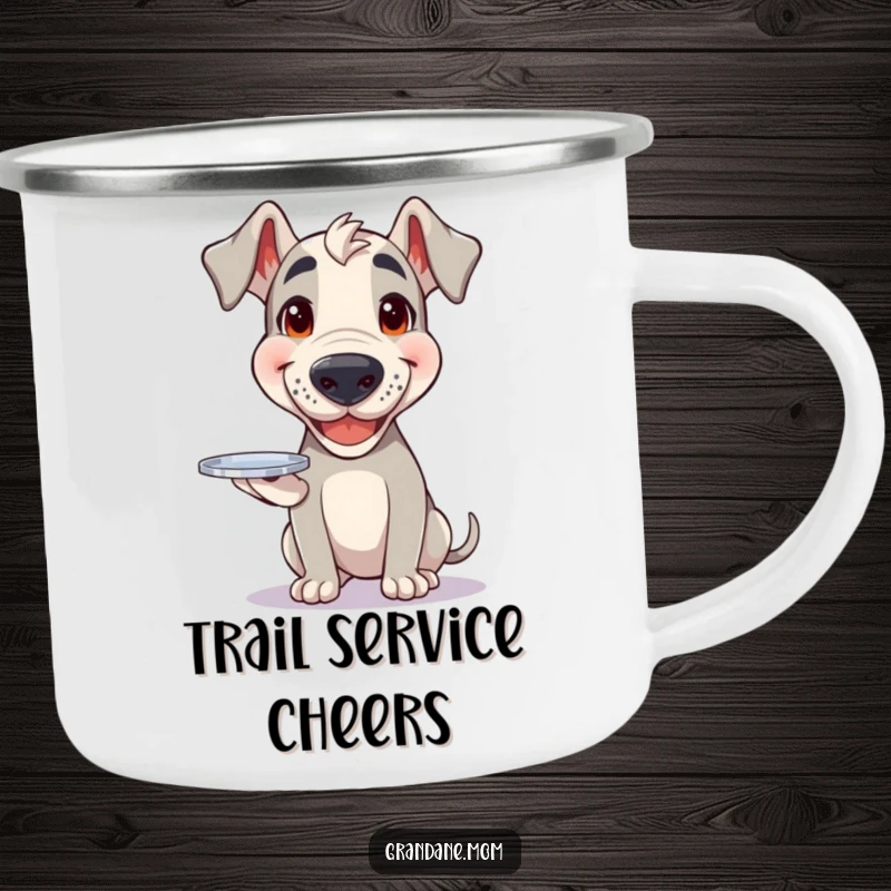 Funny Grand Dane camping mug depicting a happy dog balancing a small silver tray, perfect for outdoor enjoyment.