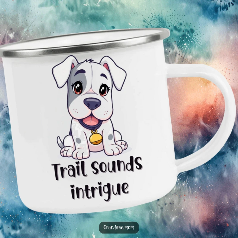 Funny Grand Dane Explorer Mug, a curious dog with a tinkling bell, ready for adventure, a durable and humorous camping gift.
