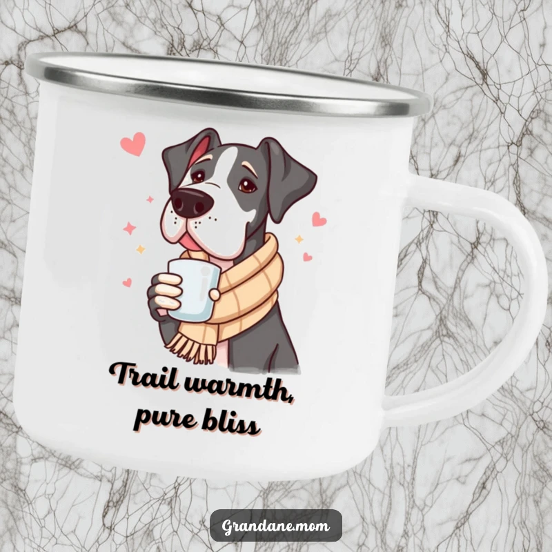 Funny Great Dane Camping Mug: A hardy mug showing a dog in a scarf with a warm drink, for humorous outdoor enjoyment.