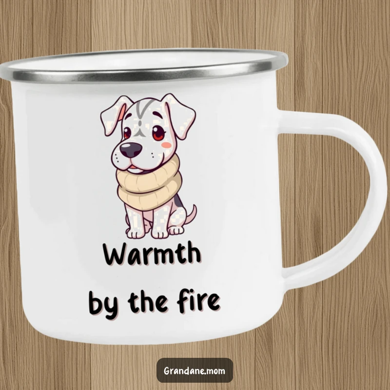 Funny Grand Dane Camping Mug showing a dog wearing a cozy scarf, radiating warmth and comfort for outdoor activities.