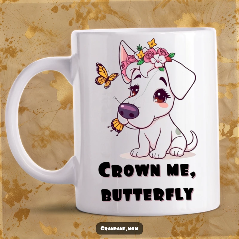Funny mug featuring a Grand Dane wearing a flower crown, playfully batting at a butterfly, embodying gentle joy and canine charm.