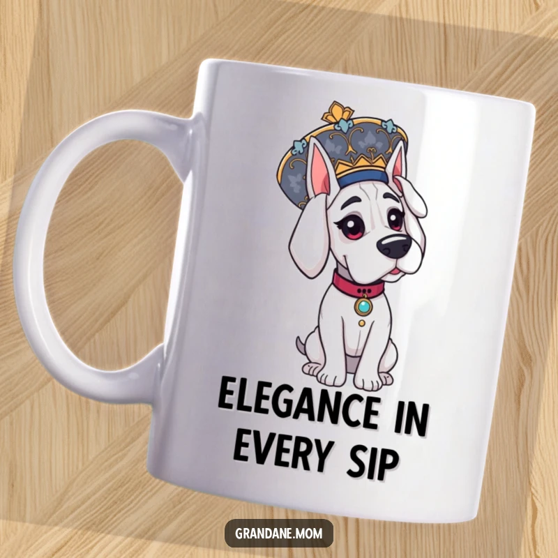Funny Grand Dane mug, showcasing an elegant dog wearing a large, ornate, fancy hat with flair.
