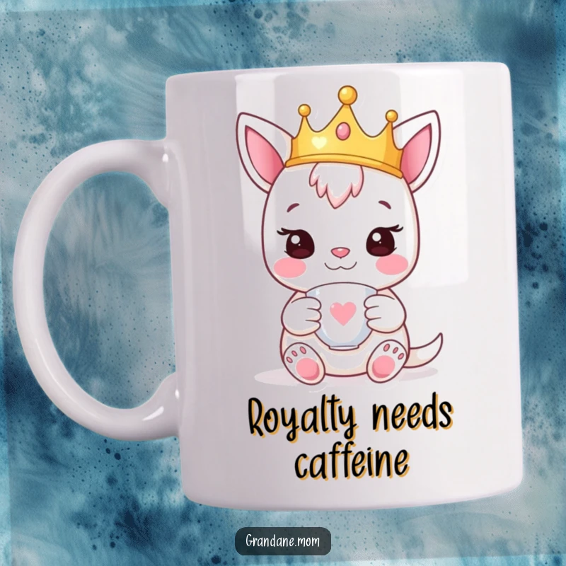 Funny daniff mug with a happy expression, wearing a tiny crown and holding a delicate teacup, embodying royal canine charm.