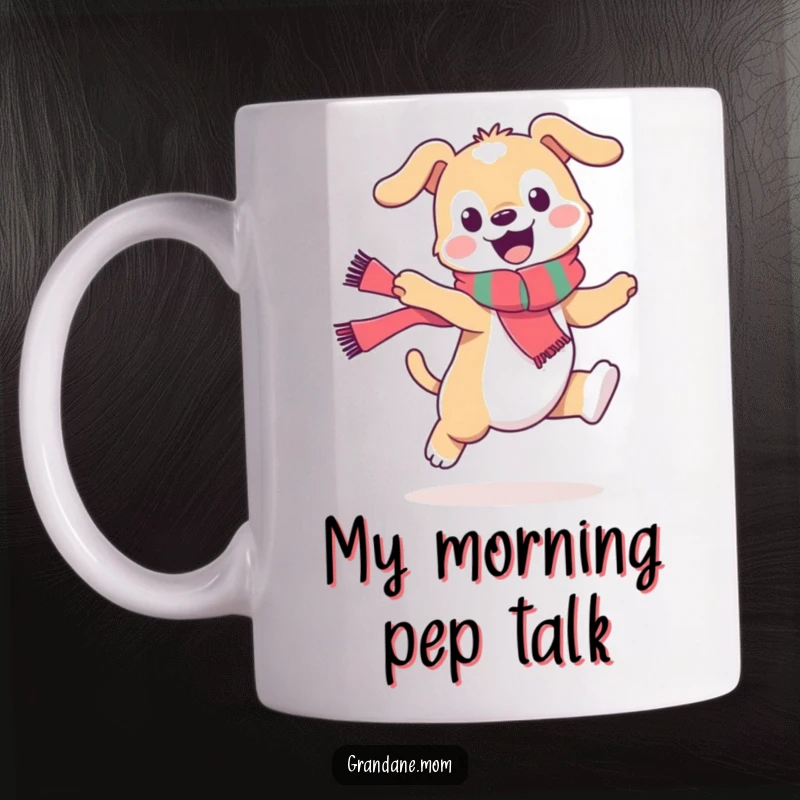 Funny daniff mug, a stylish dog in scarf joyfully leaping while dressed up, perfect for a hilarious gift.