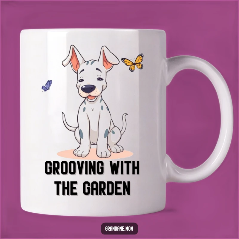 Funny Grand Dane Butterfly Mug: Playful Dog Dancing with Nature, Perfect Funny Gift