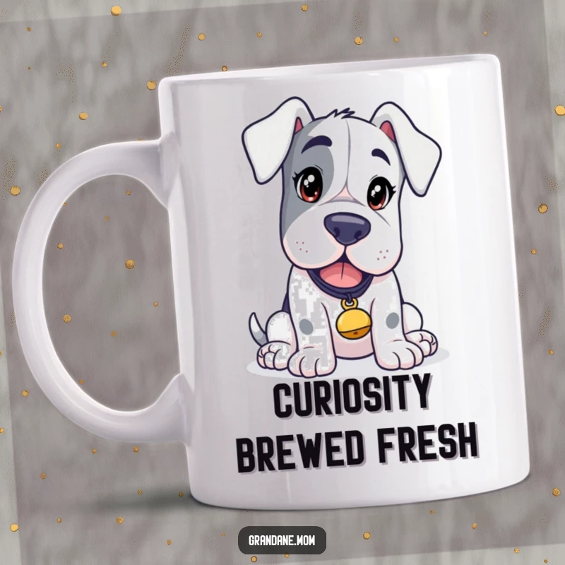 Funny Grand Dane Curious Mug, a dog with a curious expression and a tinkling bell, ready for discovery, a humorous gift.