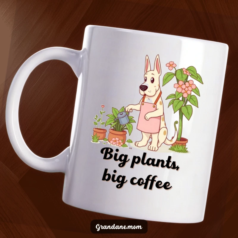 Funny Grand Dane Gardener Mug showing a Grand Dane dog wearing a gardening apron, carefully watering a giant, lush plant.