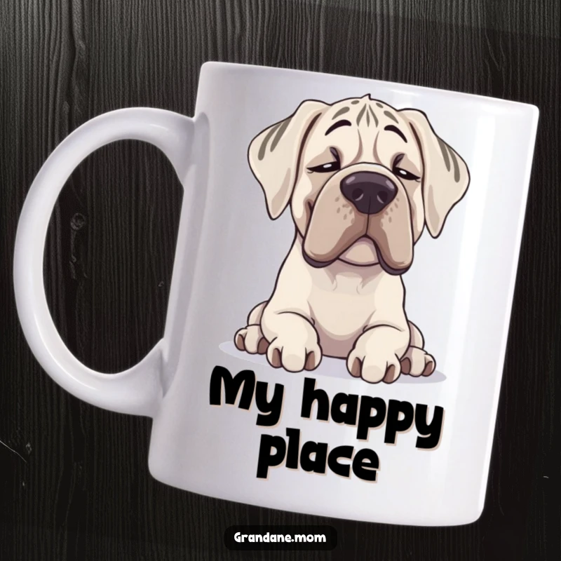 Funny Grand Dane mug showing a large dog with a contented sigh, head resting peacefully, perfect for dog lovers gift.