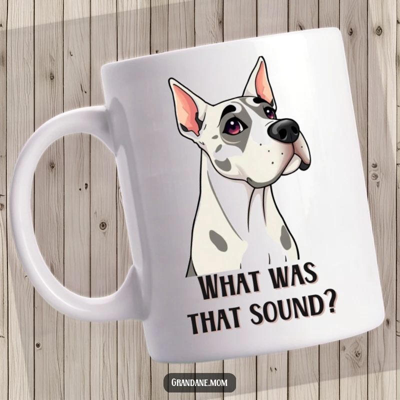 Funny Grand Dane mug showing a curious dog tilting its head attentively, capturing a moment of canine concentration, great gift.