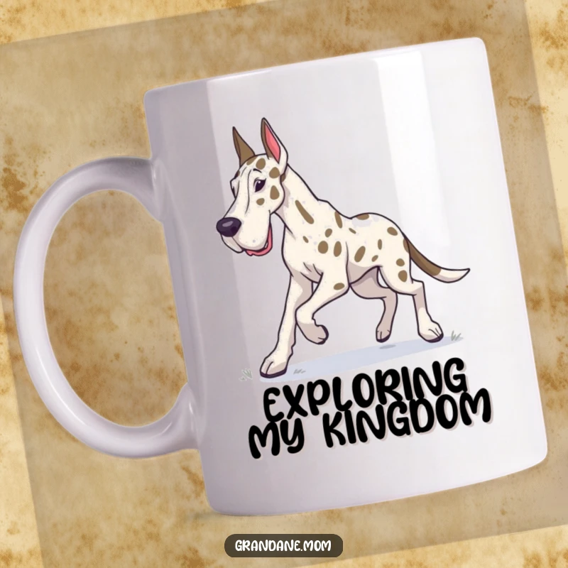Funny Grand Dane mug showing a dog with a determined trot, exploring its surroundings with a dignified gait.