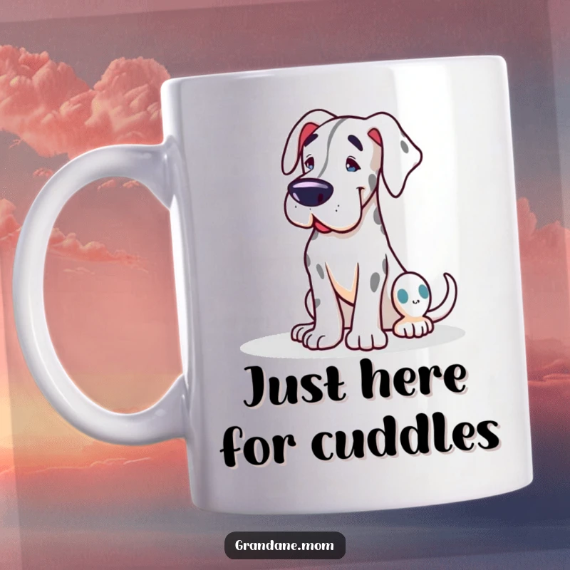 Funny Grand Dane mug showing a friendly giant leaning affectionately, capturing the breed's loving nature and making a great gift.