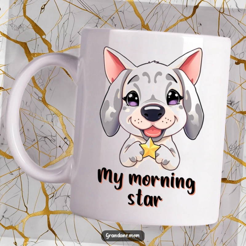 Funny Grand Dane mug, joyful dog holding a bright sparkling star, bringing celestial cheer and puppy love.