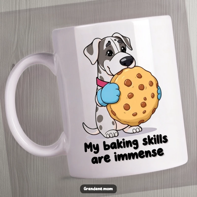 Funny Grand Dane mug in oven mitts, carefully holding a massive cookie, looking proud and slightly overwhelmed. Great gift for dog owners.