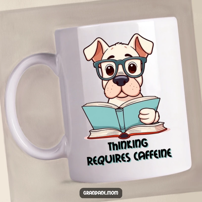 Funny Grand Dane Reader Mug showing an intelligent Grand Dane dog wearing reading glasses, peering intently at an open book.