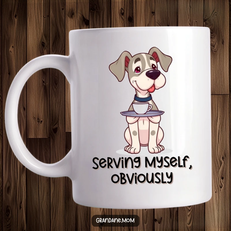Funny Grand Dane server mug showing a large dog carefully balancing a small tray with one precarious cup, highlighting humorous concentration.