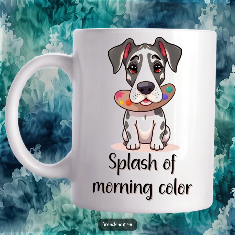 Funny Great Dane artist mug showing a dog with a palette painting, a great gift for art lovers.