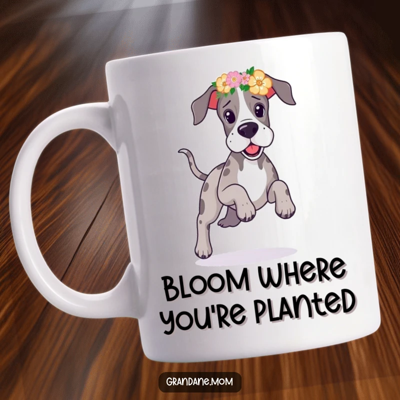 Funny Great Dane flower headband mug showing a happy dog prancing playfully with a vibrant floral crown.
