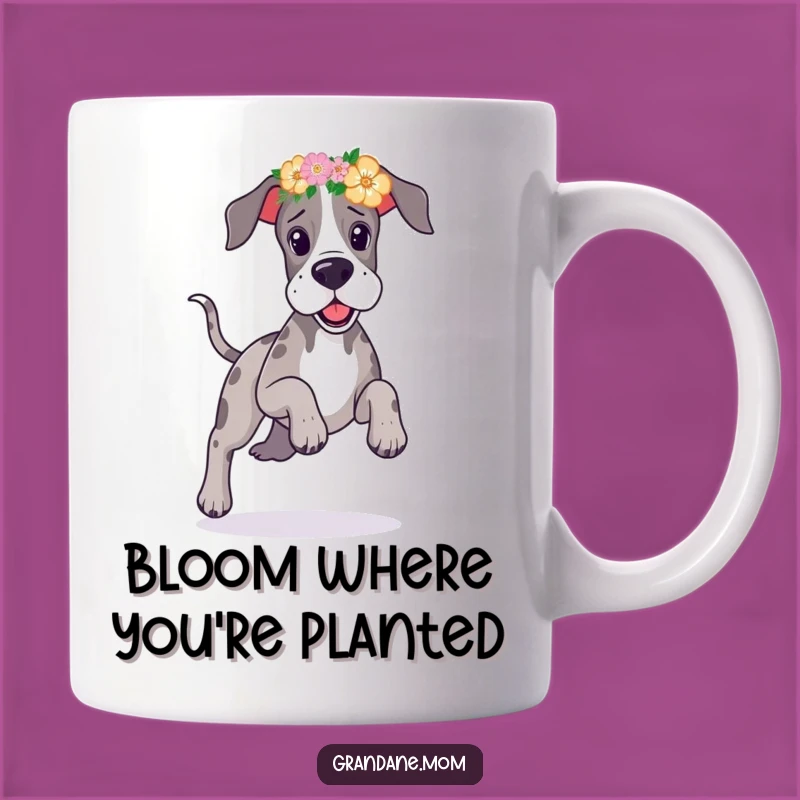 Funny Great Dane Flower Headband Mug: Playful Pup Prancing with Joy, Best Funny Gift