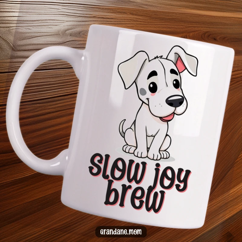 Funny mug showing a happy Grand Dane dog with large floppy ears, slowly wagging its tail in pure contentment.
