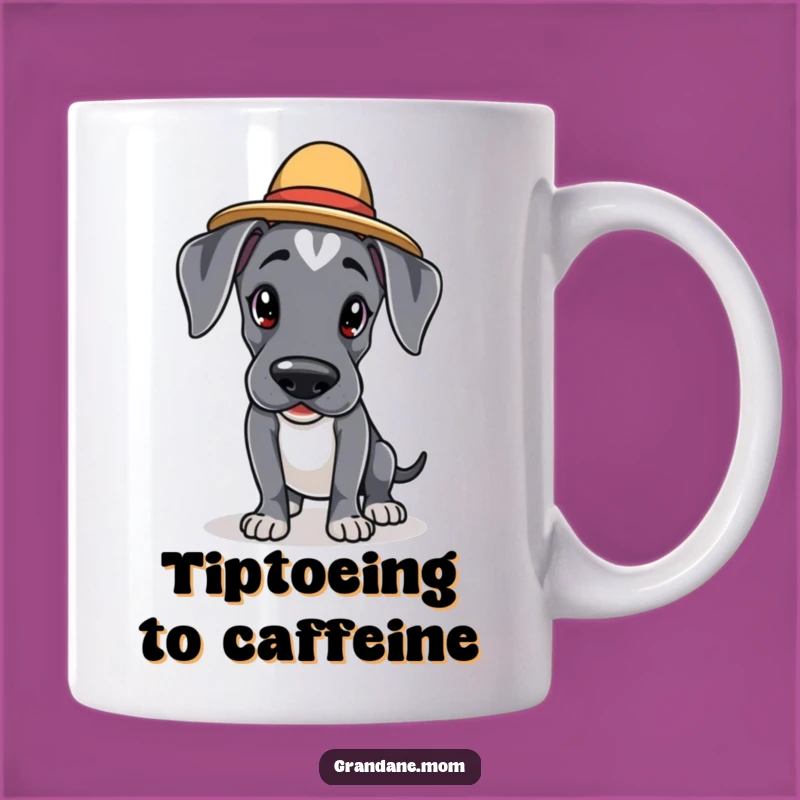 Funny Kawaii Great Dane Mug: Elegant Hatted Dog Tiptoes, Perfect Funny Gift