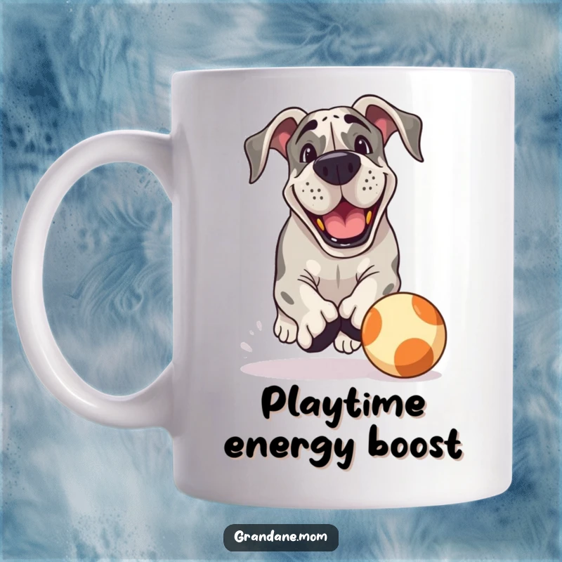 Funny Grand Dane Mug: A Grand Dane with a playful grin excitedly chases a large bouncing ball, embodying pure canine joy.