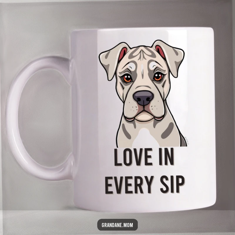 Funny Grand Dane Mug: A Grand Dane with soulful eyes offers a gentle, loving lick, radiating warmth and canine affection.